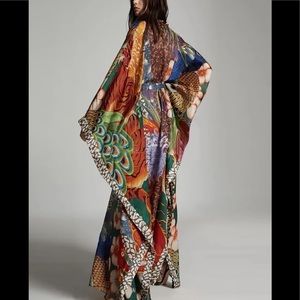 Jewel Peacock Feather Bohemian Gypsy Kimono W/Sash Tie, Feather Print, Runway